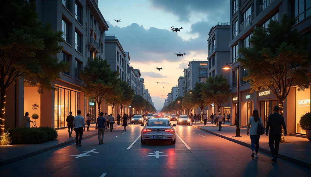 Ciudad inteligente atardeciendo con drones volando