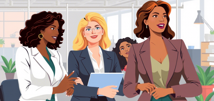 Tres mujeres en una oficina y liderazgo femenino