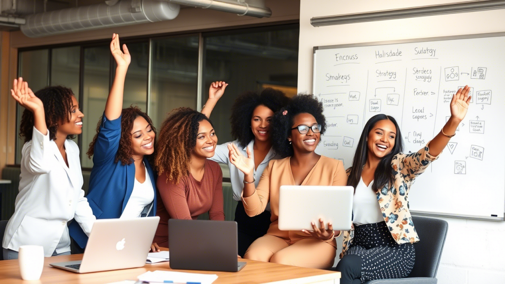 Seis mujeres celebrando en una oficina un logro conseguido
